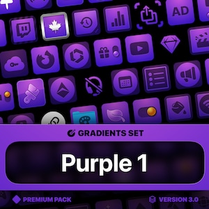 Könnte beinhalten: Ein Satz violetter Verlaufssymbole für soziale Medien, Apps und Websites. Die Symbole umfassen eine Vielzahl von Symbolen, wie z. B. eine Wiedergabetaste, einen Diamanten, einen Pinsel und ein Blatt. Der Text "GRADIENTS SET Purple 1" wird oben im Bild angezeigt.