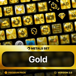 May include: A set of gold-colored icons with a variety of symbols, including a play button, a diamond, a cloud, a lock, a gear, a microphone, a wifi symbol, and more. The icons are arranged in a grid pattern on a black background. The text "METALS SET Gold" is displayed at the top of the image, and the text "PREMIUM PACK" is displayed at the bottom left, and the text "VERSION 3.0" is displayed at the bottom right.