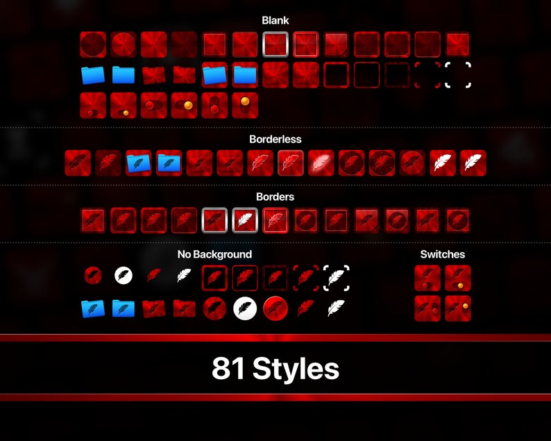 May include: 81 different styles of red and white icons with various shapes and designs, including a folder, a feather, a circle, and a square. The icons are arranged in rows and labeled with the words "Blank", "Borderless", "Borders", "No Background", and "Switches".