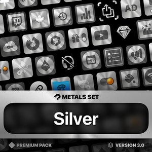 May include: A collection of silver-colored square icons with various symbols, set against a black background. The image includes the text "METALS SET" and "Silver". The icons represent different applications and functions. The words "PREMIUM PACK" and "VERSION 3.0" are also visible.