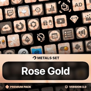 Puede incluir: Un conjunto de iconos de aplicaciones metálicos en oro rosa sobre un fondo negro. La imagen presenta varios iconos, incluyendo símbolos de redes sociales, ajustes y reproductores multimedia. El texto "Rose Gold" se muestra de forma destacada, con "Metals Set" y "Premium Pack" también visibles.