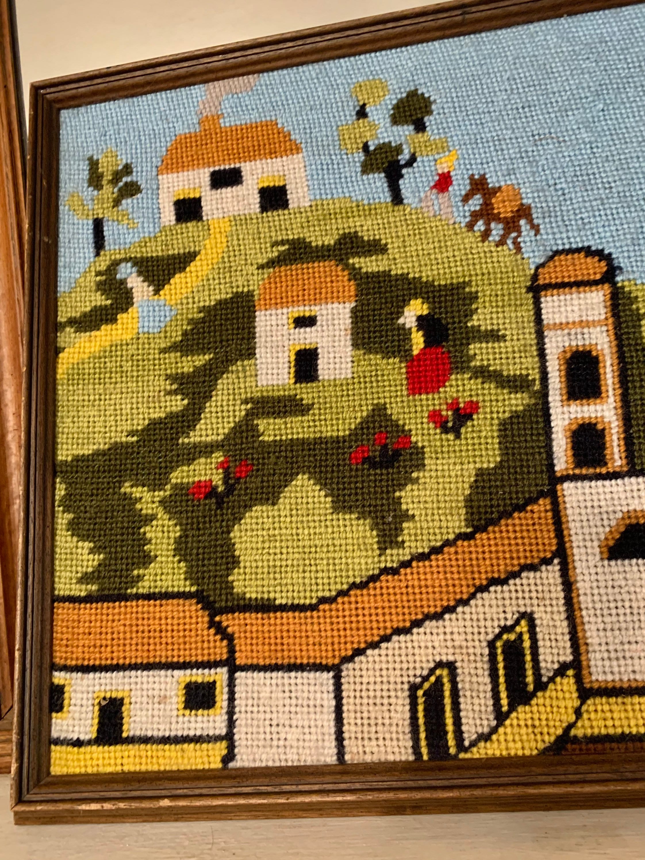 Vintage Needlepoint, Framed Southwest Spanish Mission, Collectible