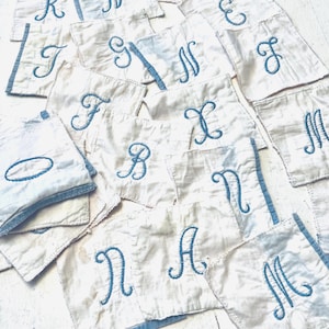May include: A collection of square white fabric patches featuring blue embroidered script letters. Each patch has a blue stitched border. The letters visible include K, N, R, E, T, G, N, J, F, X, M, O, B, N, R, A, and M, arranged in a scattered, overlapping layout.