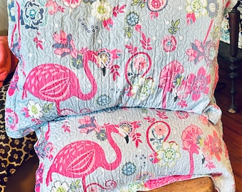 Vintage Pillow Covers, Set of Two, Size Large, Quilted Fronts, Pink Flamingo Print, Covers Only