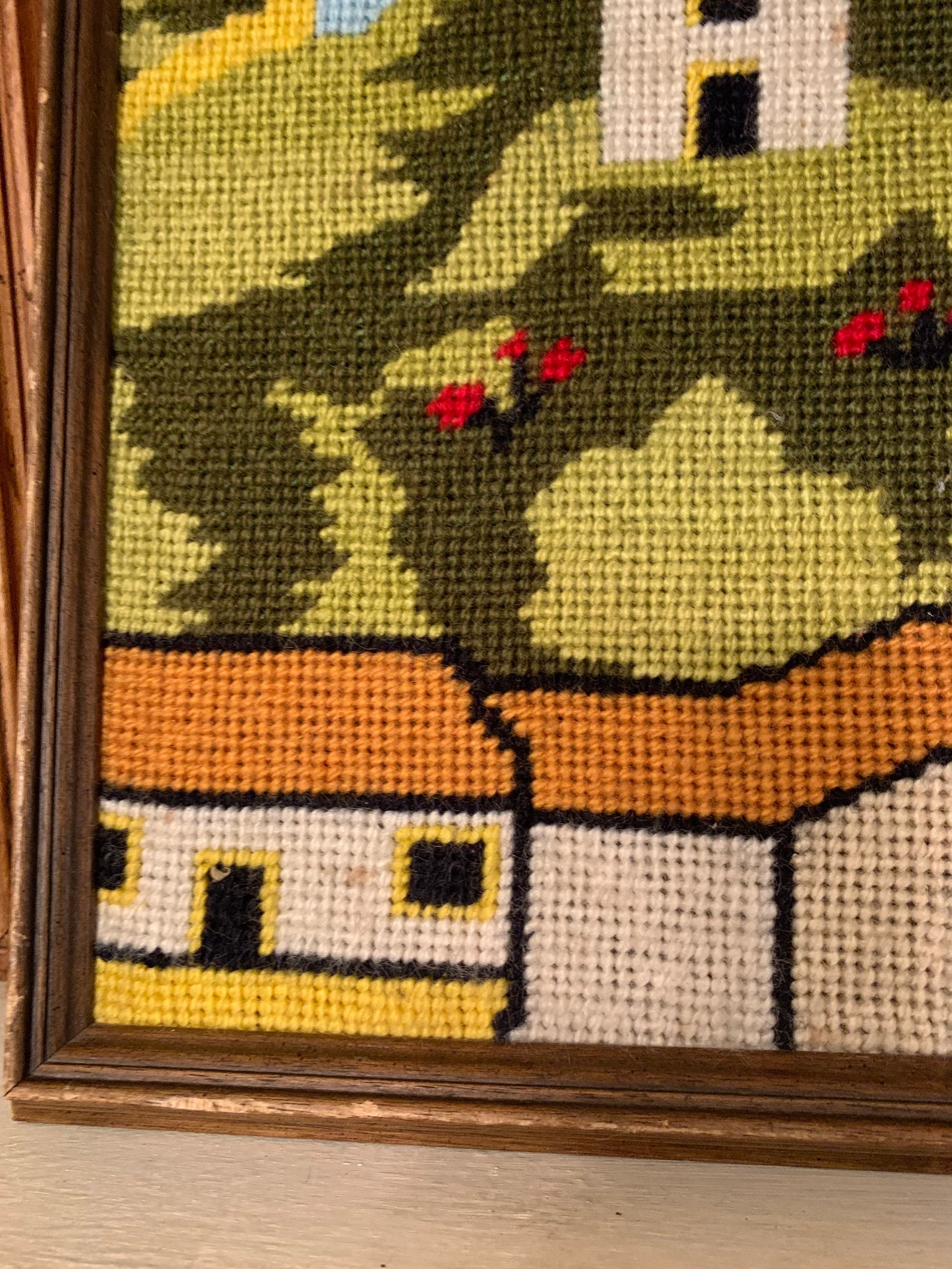 Vintage Needlepoint, Framed Southwest Spanish Mission, Collectible