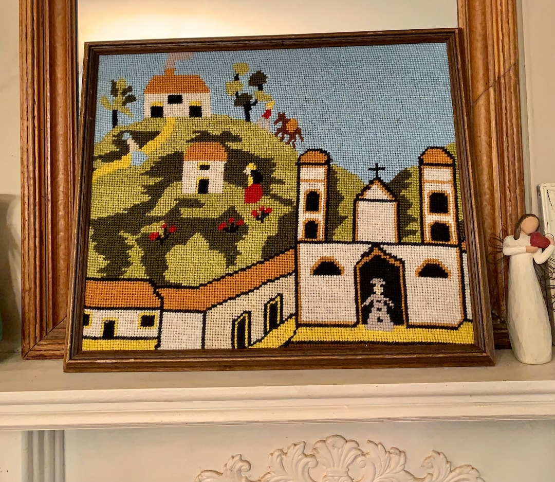 Vintage Needlepoint, Framed Southwest Spanish Mission, Collectible