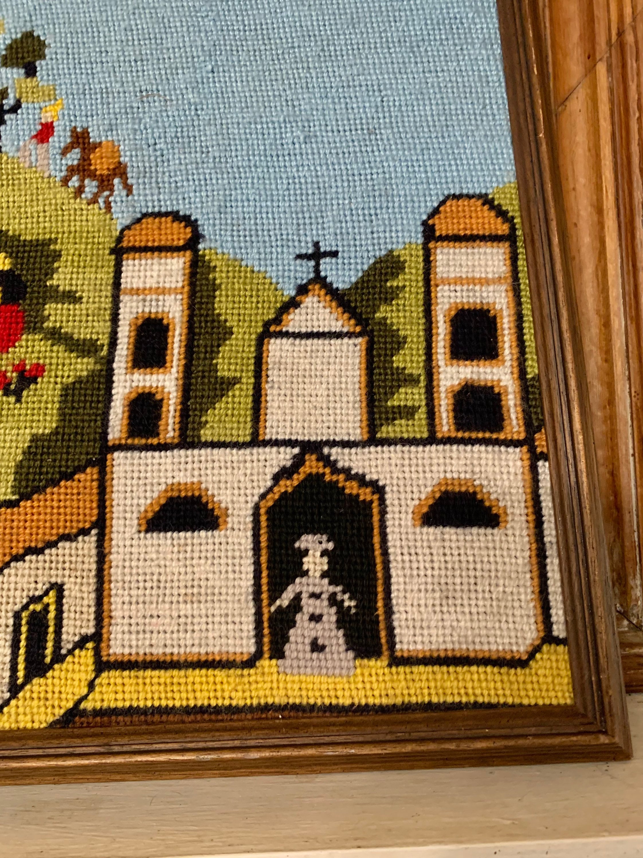 Vintage Needlepoint, Framed Southwest Spanish Mission, Collectible