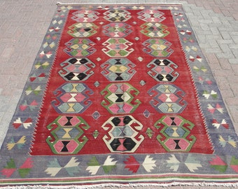 6x9 Large Medium Area Vintage Kilim Rug | Turkish kilim rug | rugs for living room | Bohemian Red rug | Teppich Kelim