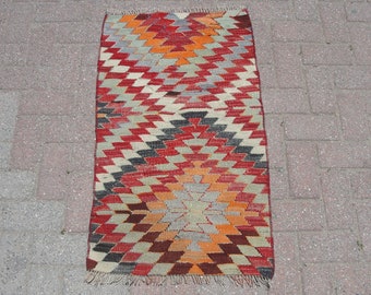 Doormat, Small kilim, Turkish Area Kilim rug, Wool kilim, living room kilim rug, 1.11 x 3.3 ft, Kelim teppich, Bathroom kilim rug, Tapis,