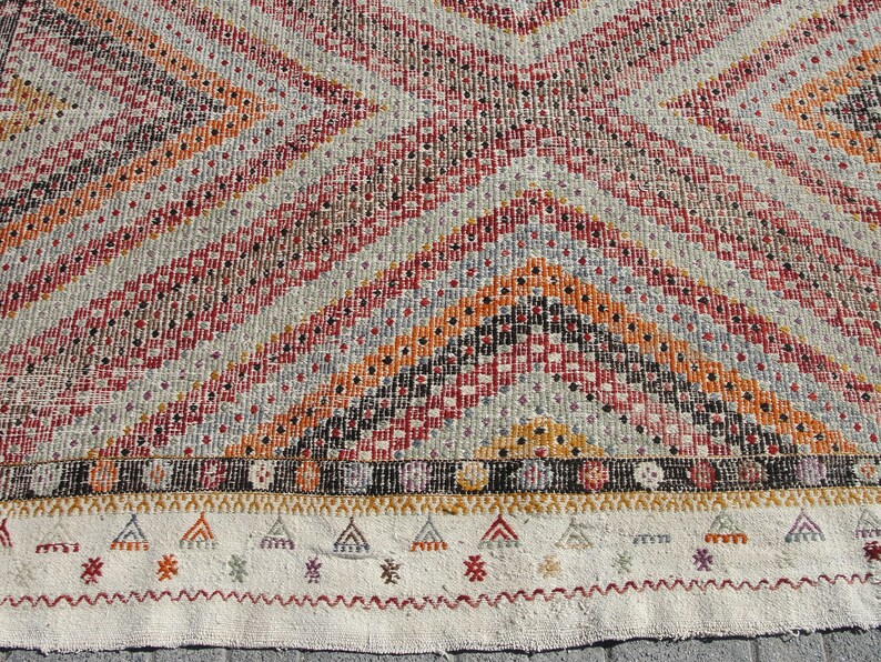 Vit stor handgjord ull 8x10 kelimmatta vintage turkisk områdesmatta - mattor för vardagsrum - kelim teppich bild 6
