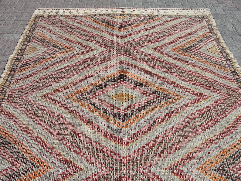 Vit stor handgjord ull 8x10 kelimmatta vintage turkisk områdesmatta - mattor för vardagsrum - kelim teppich bild 3