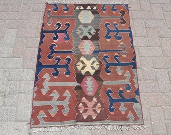 Tappeto kilim turco rosso-arancio 3x4, 2,7 x 3,9 piedi, tappeto kilim boho, tappeto kilim arancione, tappeto pastello
