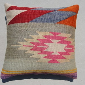 Turkish Kilim Pillow, Pillow, Decor Pillow,Small Throw Pillows,Cushion Cover, Pink Pillow, Handwoven Pillow, 16" x 16"