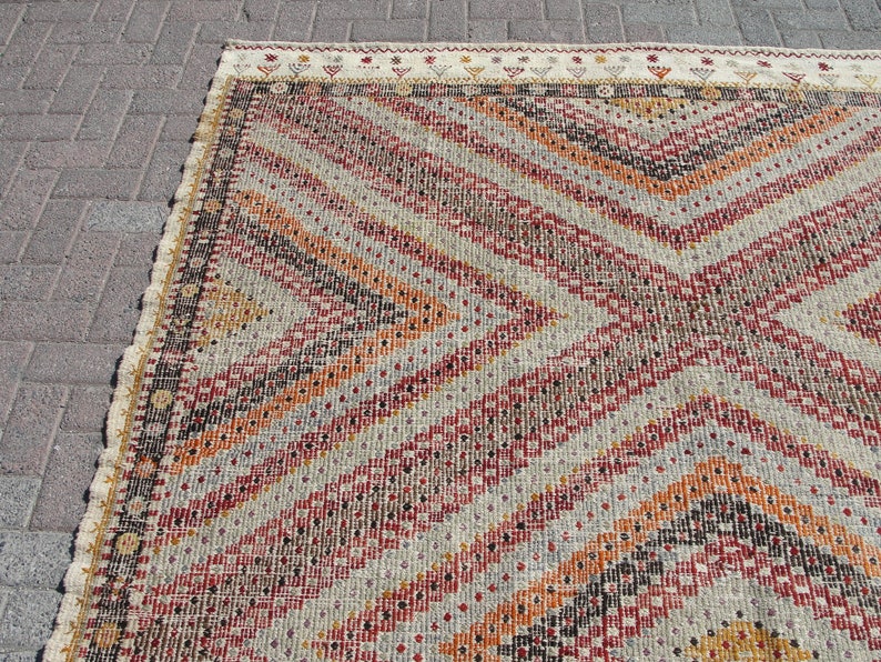 Vit stor handgjord ull 8x10 kelimmatta vintage turkisk områdesmatta - mattor för vardagsrum - kelim teppich bild 4