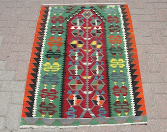 Tappeto zerbino Kilim vintage 3x5 – Tappeto turco fatto a mano – Tappeto per ingresso Boho – Tappeto a trama piatta – Kilim verde arancione rosso – Regalo di inaugurazione della casa