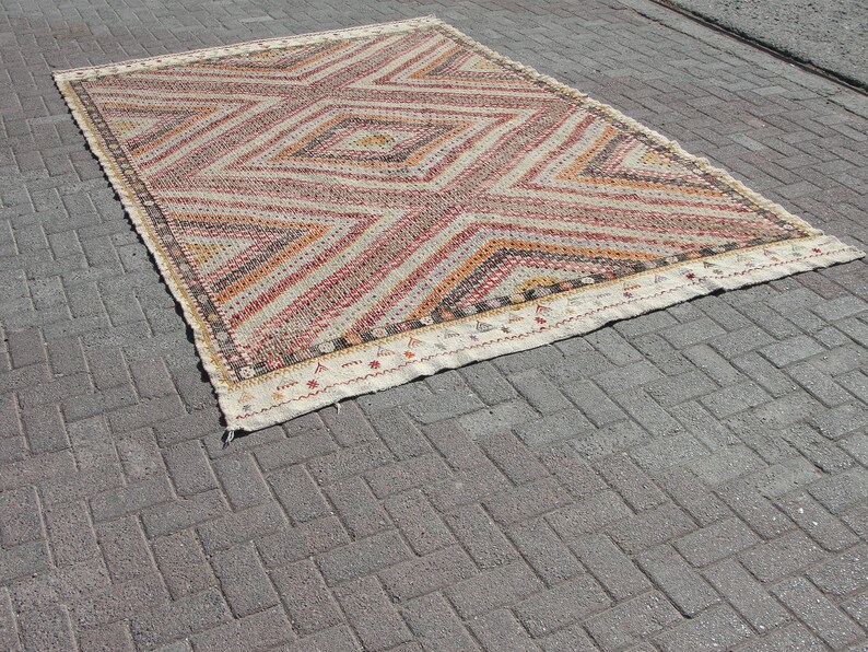 Vit stor handgjord ull 8x10 kelimmatta vintage turkisk områdesmatta - mattor för vardagsrum - kelim teppich bild 8