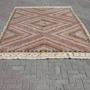 Vit stor handgjord ull 8x10 kelimmatta vintage turkisk områdesmatta - mattor för vardagsrum - kelim teppich bild 9