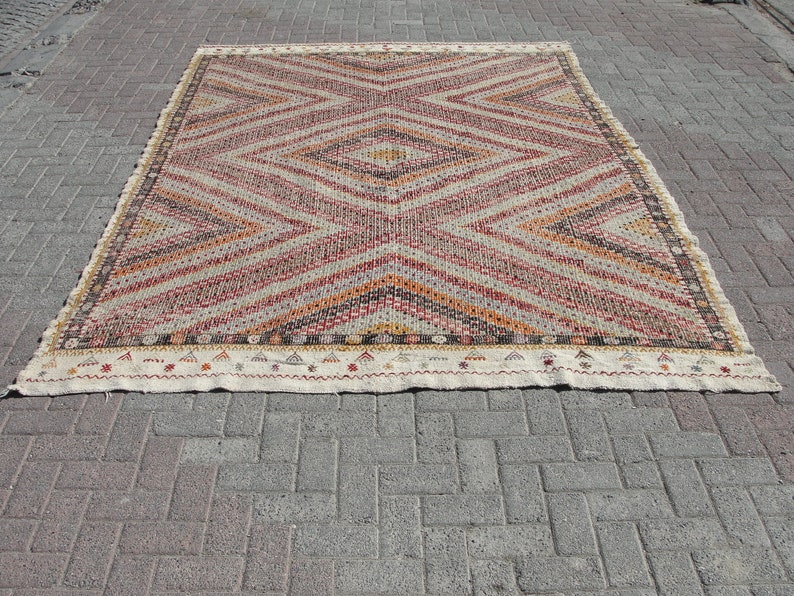 Vit stor handgjord ull 8x10 kelimmatta vintage turkisk områdesmatta - mattor för vardagsrum - kelim teppich bild 9