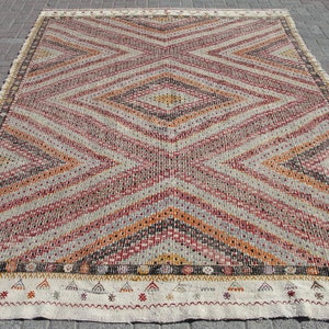 Vit stor handgjord ull 8x10 kelimmatta vintage turkisk områdesmatta - mattor för vardagsrum - kelim teppich bild 2