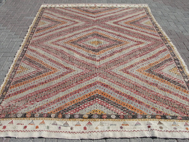 Vit stor handgjord ull 8x10 kelimmatta vintage turkisk områdesmatta - mattor för vardagsrum - kelim teppich bild 2