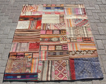 Dywan Kilim Patchwork, turecki dywan patchworkowy, 4,3x5,7 stopy, dywan kilim, Kilim vintage, wycieraczka, dywanik patchworkowy, dywan do sypialni i salonu,