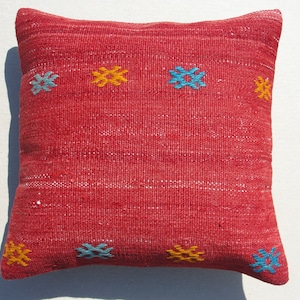 Red Turkish Kilim Pillow, Pillow, Decor Pillow, Small Throw Pillows, Cushion Cover, Embroided Kilim Pillow, Turkish Rug Pillow, 16" x 16"