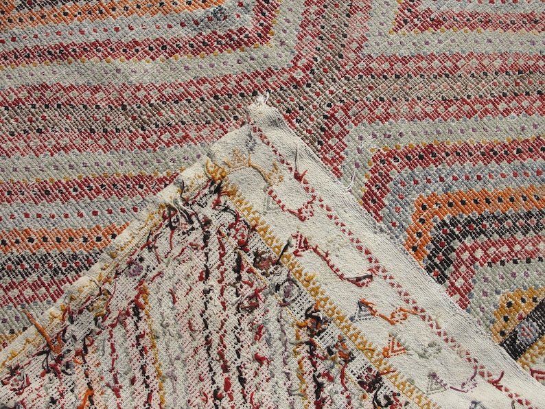 Vit stor handgjord ull 8x10 kelimmatta vintage turkisk områdesmatta - mattor för vardagsrum - kelim teppich bild 10