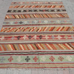Striped Handmade Bohemian Area kilim Rug 6x9 - Rugs for living room - Kelim Teppich - bathroom rugs