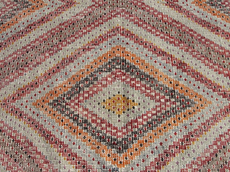 Vit stor handgjord ull 8x10 kelimmatta vintage turkisk områdesmatta - mattor för vardagsrum - kelim teppich bild 5