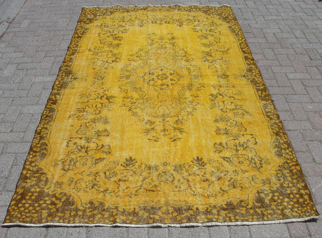 6x9 ヴィンテージ トルコ製大型エリアラグ - イエローオーバーダイ