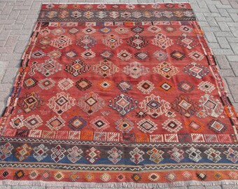 Alfombra Kilim bohemia de color rojo, rara, de 1,5 x 2,4 m para sala de estar.