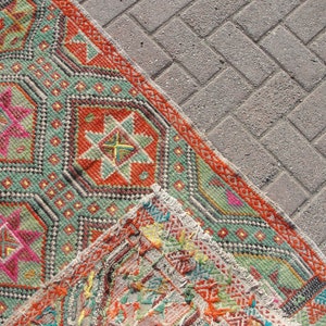 Puede incluir: Una alfombra colorida con patrones geom&eacute;tricos en tonos de verde, rojo, naranja y rosa. La alfombra tiene un borde con flecos y est&aacute; sobre una superficie de hormig&oacute;n gris.