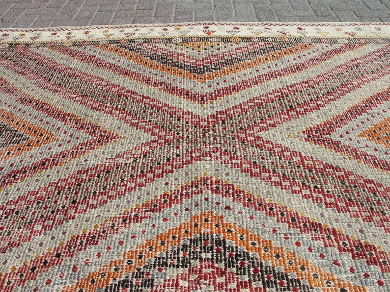 Vit stor handgjord ull 8x10 kelimmatta vintage turkisk områdesmatta - mattor för vardagsrum - kelim teppich bild 7
