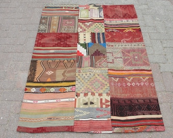Średniej wielkości dywanik Kilim Patchwork, turecki Duży dywanik Kilim, kilim patchworkowy, Dywan Vintage, dywan wełniany, dywanik patchworkowy, 3,6 x 5 stóp,
