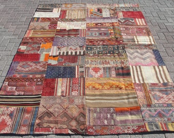 Alfombra Kilim Patchwork de 6 x 9 pies, alfombra de patchwork, 6 x 9 pies, alfombra kilim, kilim vintage, alfombra de patchwork, alfombra para sala de estar