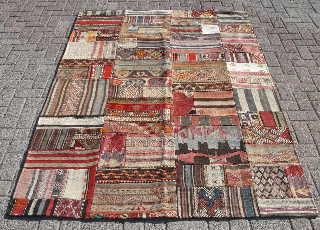 Vintage Patchwork Kilim Rug 5.2x7.4 Ft - Turkish Wool Carpet - Etsy