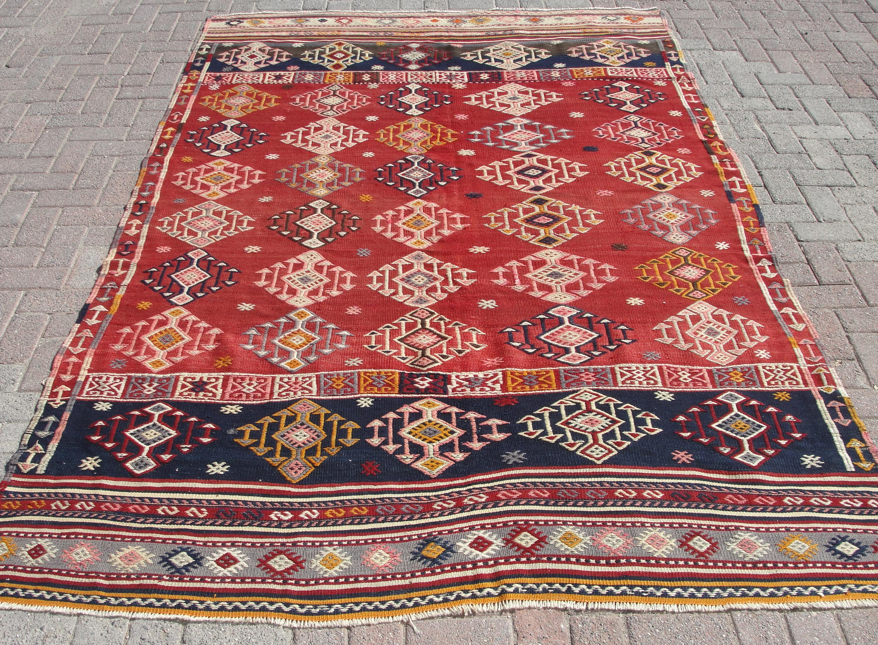 1970年代 ヴィンテージ・トルコラグ ラウンド orange/navy 7x10 Striped Kilim - Etsy