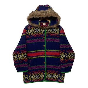 Vintage 90&#39;s United Color Of Benetton Multicolor Flower Motif  Fleece Hoodie Button Ups Fur