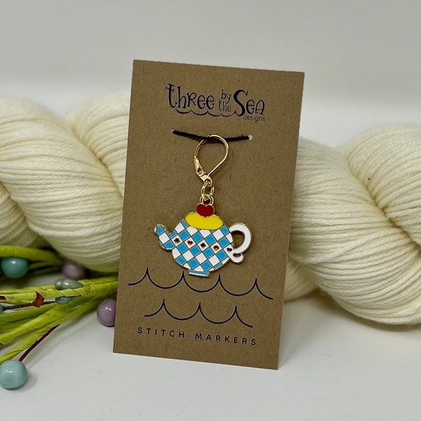 WHIMSICAL TEAPOT Stitch Marker, Teapot Progress Keeper, Spring Stitch Marker, Three by the Sea Designs, Single Charm, Alice in Wonderland