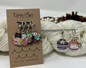 Stitch Markers, TEACATS, Single Charms, Cat Stitch Markers, Cat Progress Keeper, Teacup Stitch Marker, Gift for Knitter, Three by the Sea