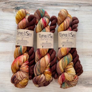 May include: Three skeins of hand-dyed yarn by Three by the Sea Designs, each paired with a solid dark brown mini-skein. The yarn features a variegated colour palette of gold, rust, and teal. Each label reads Three by the Sea Designs.