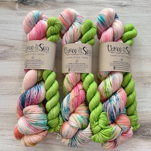 May include: Three skeins of hand-dyed yarn in a variety of colors. The yarn is a mix of pink, blue, green, and orange. Each skein has a label that reads "Three by the Sea Designs, Hand-Dyed Yarn."