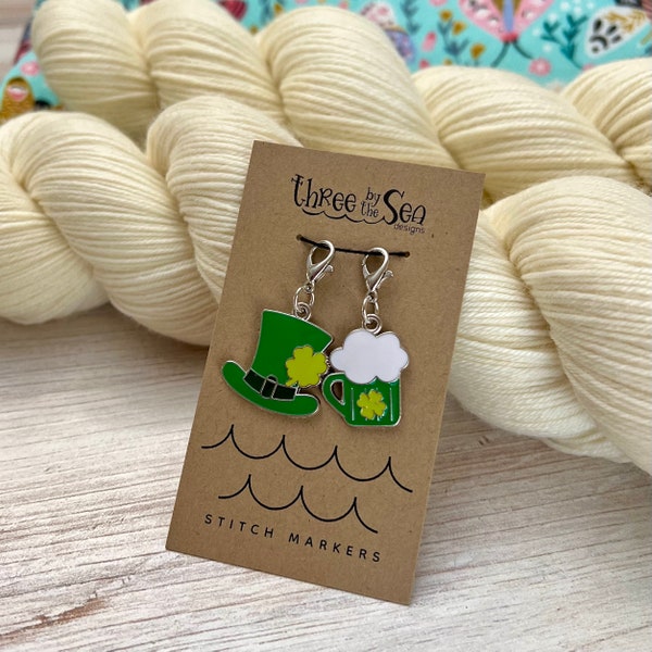 LUCKY LEPRECHAUN Stitch Marker, Set of 2, St. Patrick's Day Knitting, Clover Charm, Ladybug Stitch Marker, Three by the Sea Designs