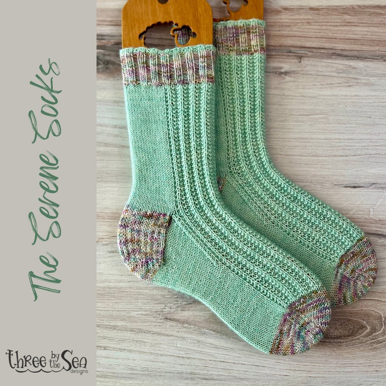 SERENE SOCKS Pattern, Fingering and DK Weight Sock Knitting Pattern, Digital Copy Only, Three by the Sea Designs, Both Sizes Included image 1