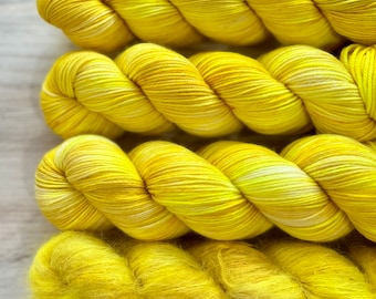 GET HAPPY Hand-Dyed Yarn, Three by the Sea, Sock Weight Yarn, DK Yarn, Lace Weight Yarn, Indie Dyer, Tonal Yarn, Yellow Yarn, Summer Yarn