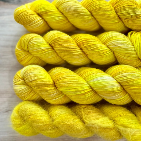 GET HAPPY Hand-Dyed Yarn, Three by the Sea, Sock Weight Yarn, DK Yarn, Lace Weight Yarn, Indie Dyer, Tonal Yarn, Yellow Yarn, Summer Yarn