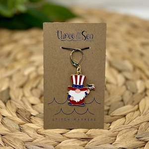 Stitch Marker, LIBERTY GNOME, Knitting Stitch Marker, Three by the Sea, Crochet Stitch Marker, Progress Keeper, Patriotic Stitch Marker