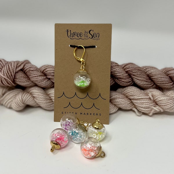 GLOW in the DARK Stitch Markers, Glitter Bombs, Glass Globe Progress Keeper, Halloween Stitch Marker, Three by the Sea Designs