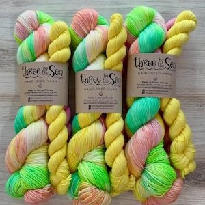 May include: Six skeins of hand-dyed yarn in vibrant colors. The yarn is a mix of yellow, green, pink, and peach. Each skein has a label that reads "Three by the Sea Designs HAND-DYED YARN".