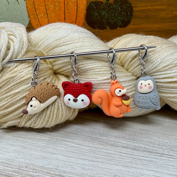 WOODLAND CRITTERS Stitch Marker, Fox, Hedgehog, Squirrel, Owl Progress Keeper, Fall Stitch Marker, Knitting Notions, Three by the Sea